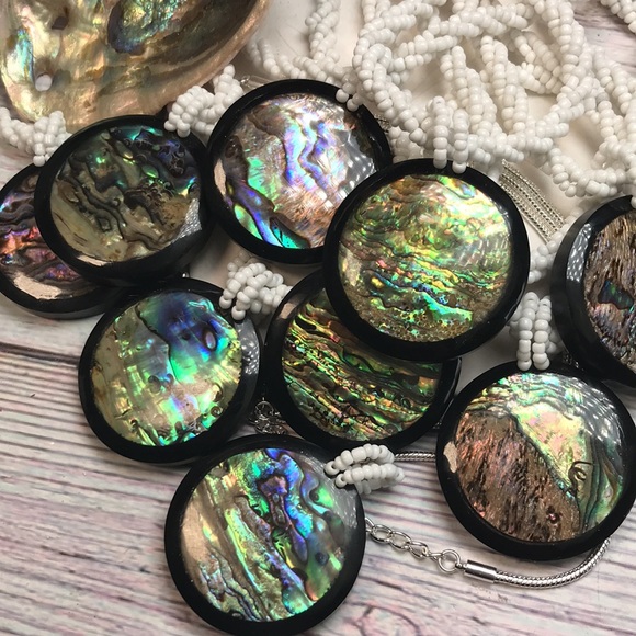 NEW Real Abalone Seashell Pendant Glass Beaded Multi Strand Statement Necklace - Picture 3 of 16